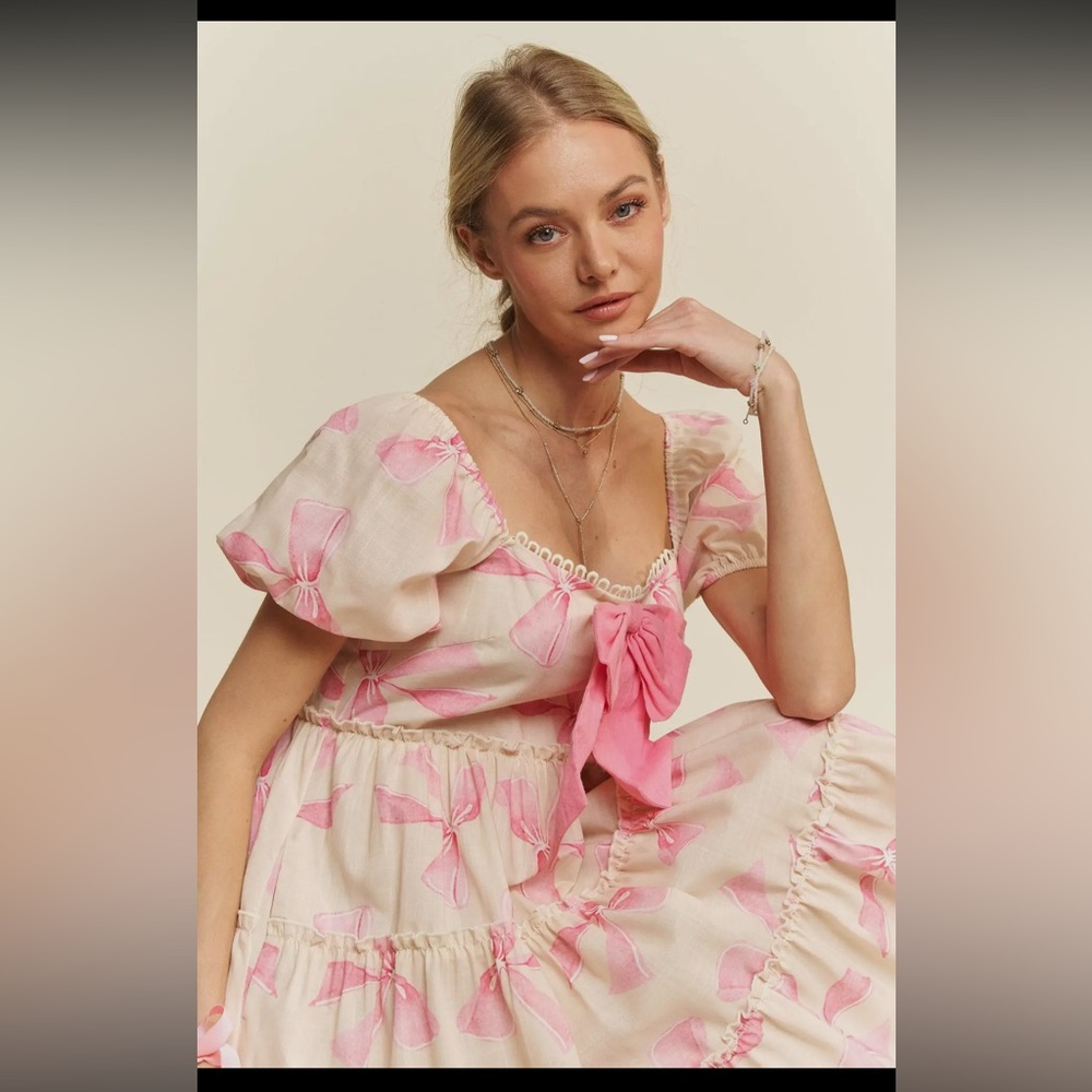 Pink Bow Puff Sleeve Dress - Picture 6 of 10